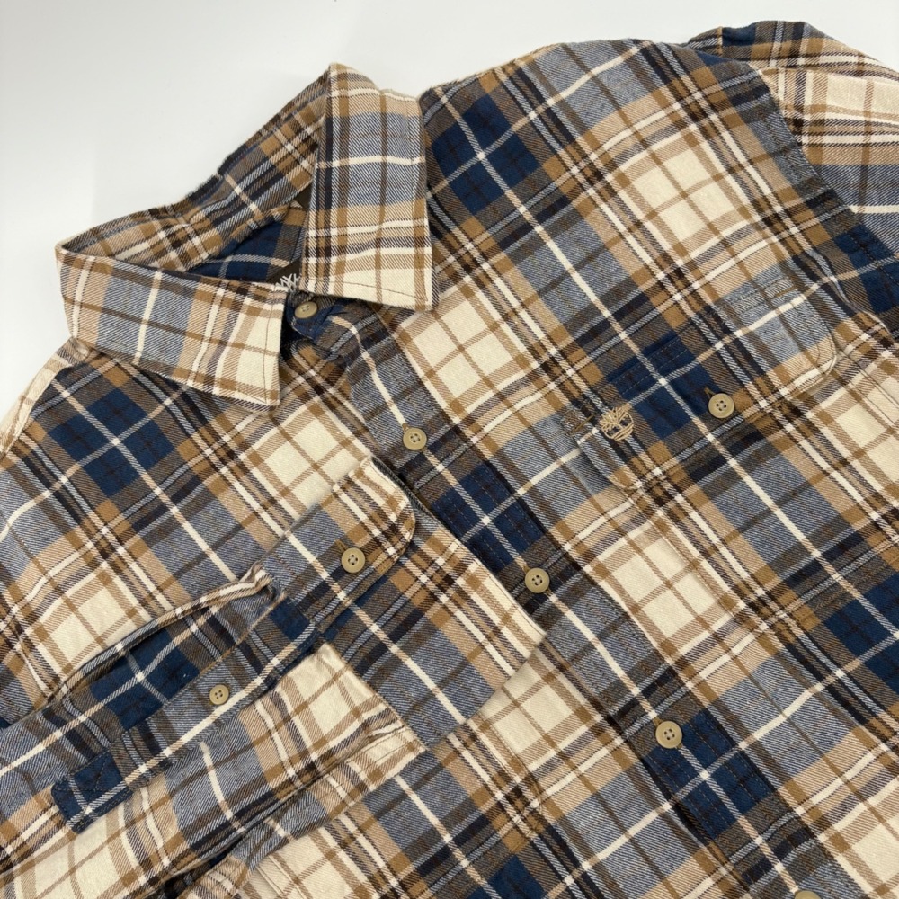 Timberland Mens Flannel Shirt L/G Long Sleeve Plaid Button Up Brown Blue Beige